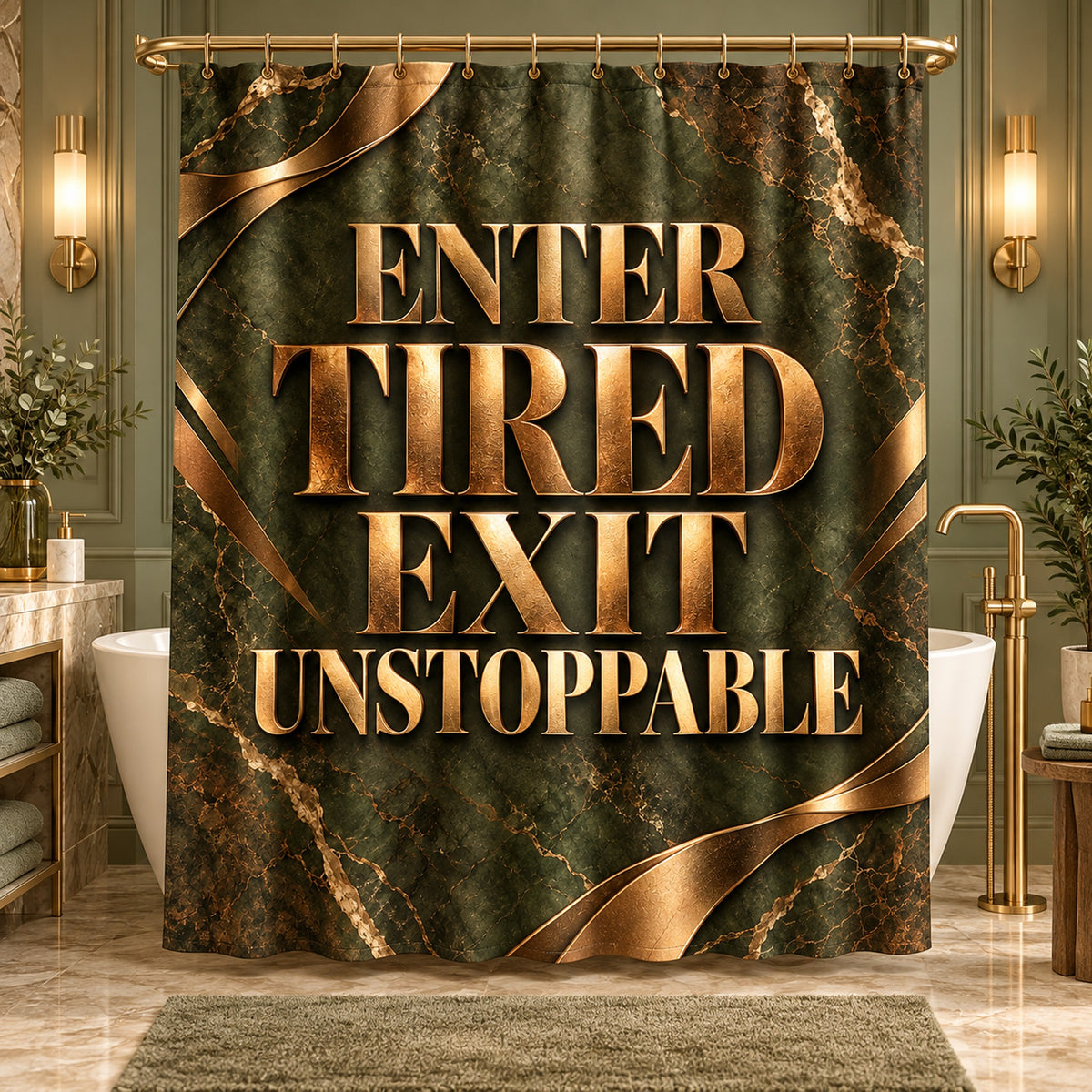 Step In Stressed Step Out Blessed Luxury Shower Curtain – Black Gold Floral Bathroom Decor