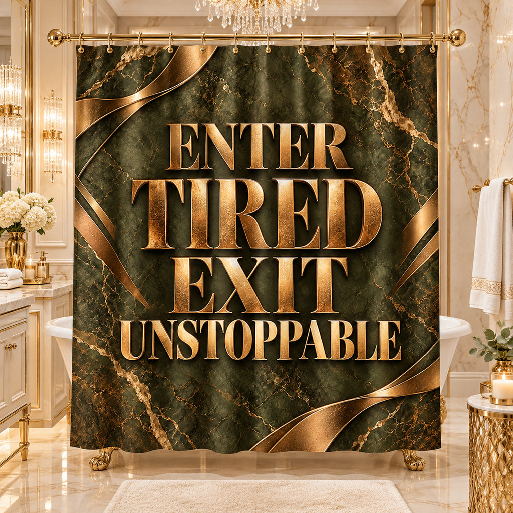 Step In Stressed Step Out Blessed Luxury Shower Curtain – Black Gold Floral Bathroom Decor