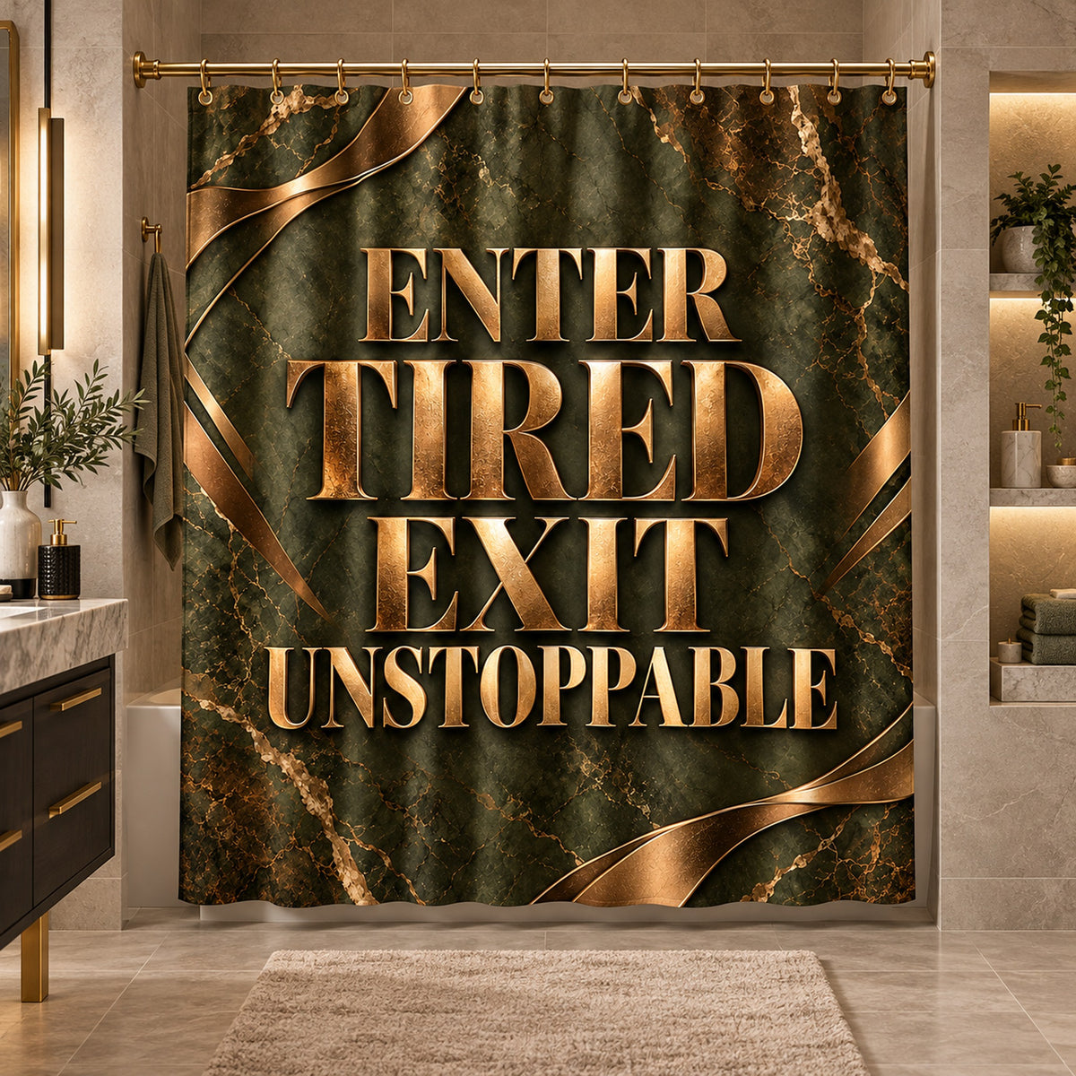 Step In Stressed Step Out Blessed Luxury Shower Curtain – Black Gold Floral Bathroom Decor
