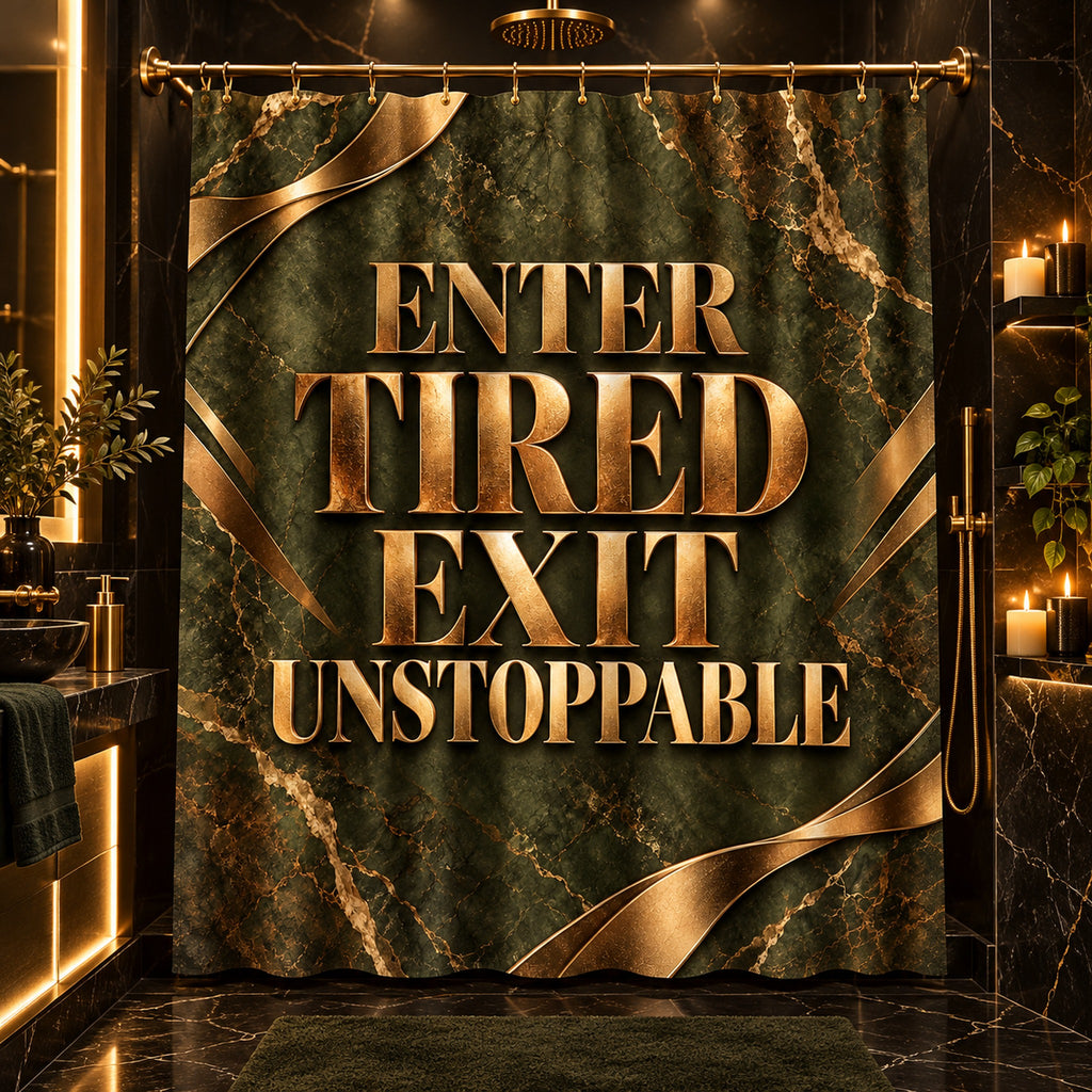 Step In Stressed Step Out Blessed Luxury Shower Curtain – Black Gold Floral Bathroom Decor