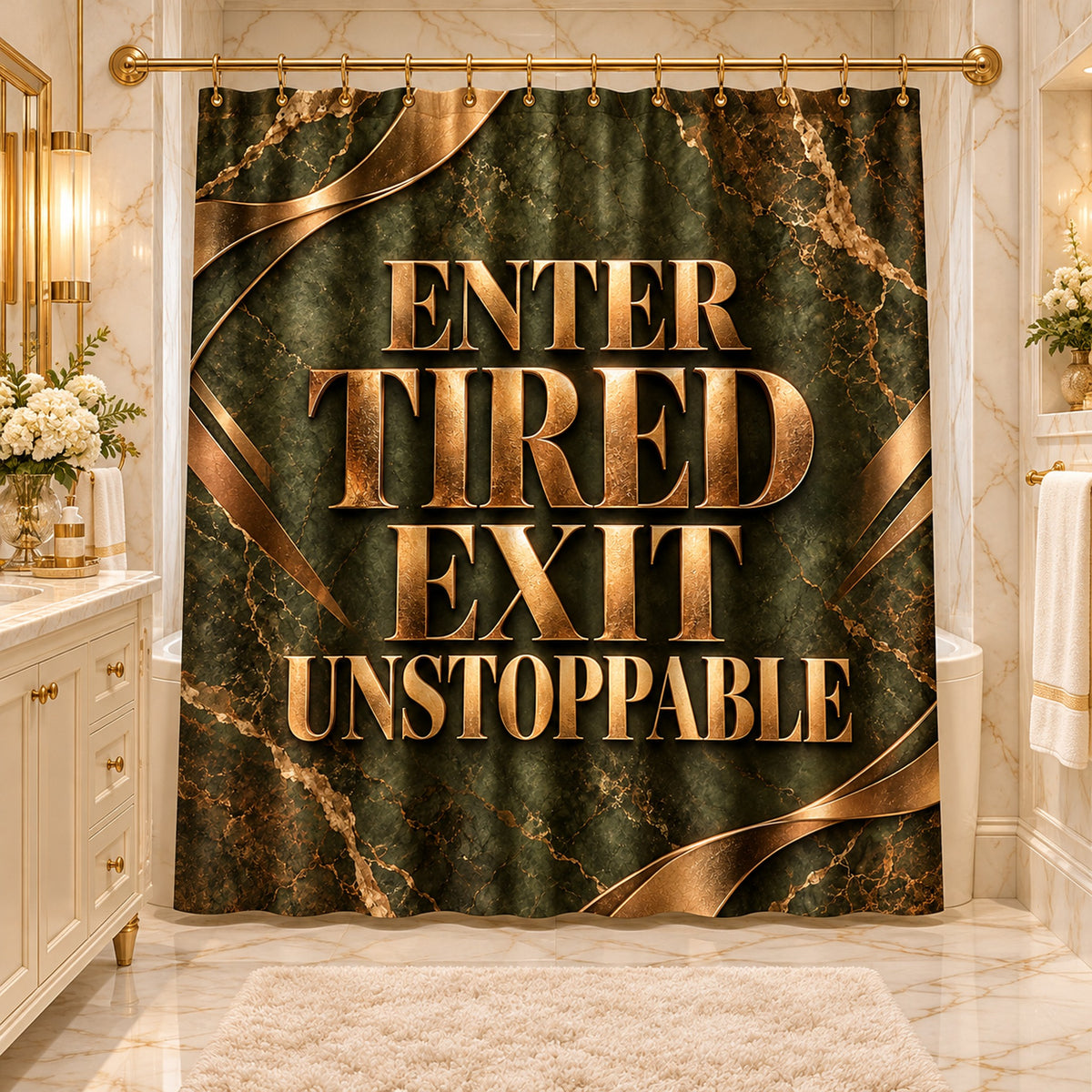 Step In Stressed Step Out Blessed Luxury Shower Curtain – Black Gold Floral Bathroom Decor