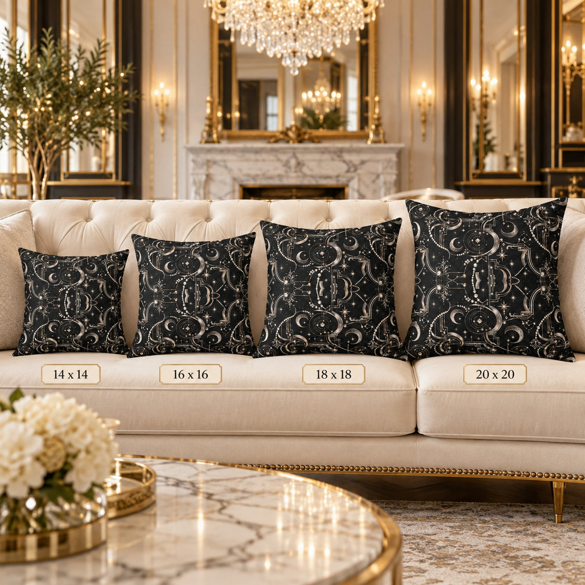 Celestial Art Deco Throw Pillow – Black Moon & Stars Luxury Decorative Accent Pillow