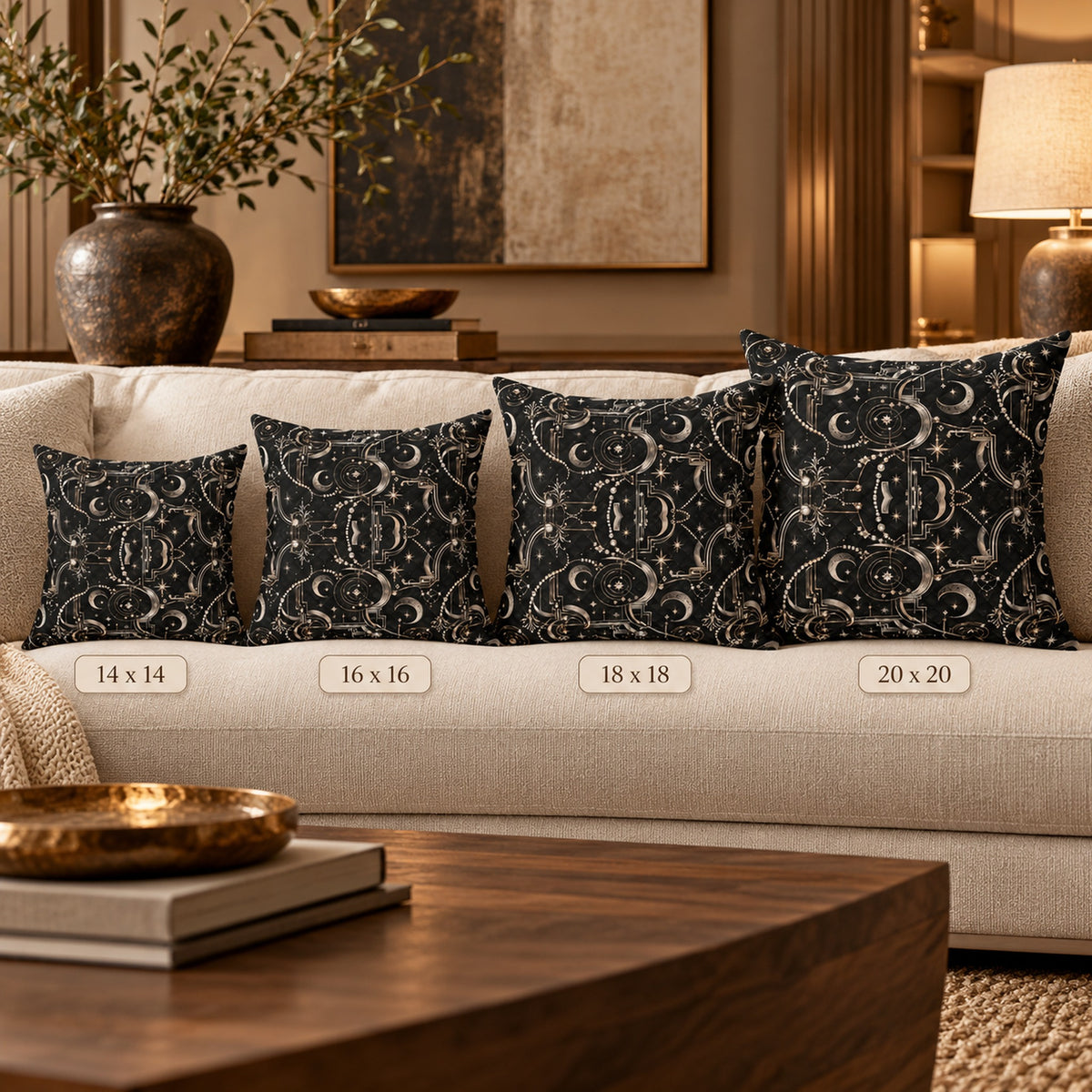 Celestial Art Deco Throw Pillow – Black Moon & Stars Luxury Decorative Accent Pillow