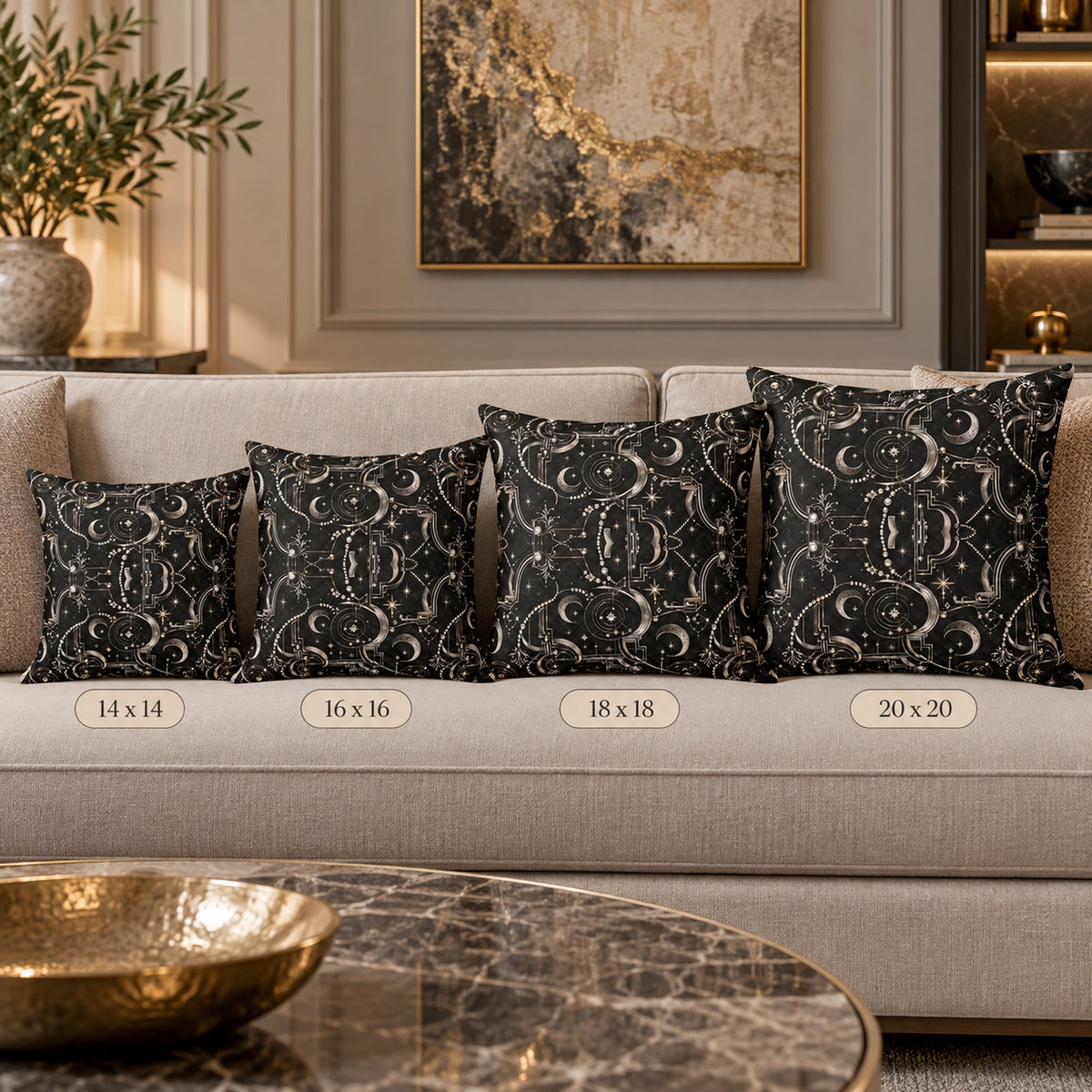 Celestial Art Deco Throw Pillow – Black Moon & Stars Luxury Decorative Accent Pillow