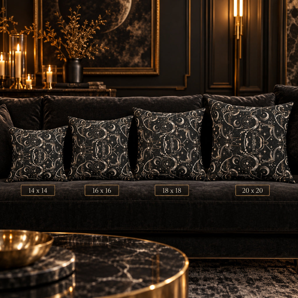 Celestial Art Deco Throw Pillow – Black Moon & Stars Luxury Decorative Accent Pillow