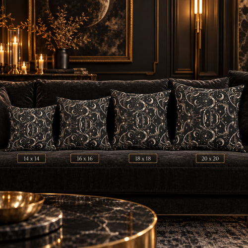Four decorative throw pillows with a black and gold baroque pattern arranged on a dark velvet sofa, with size labels '14 x 14', '16 x 16', '18 x 18', and '20 x 20' overlaid below each pillow.