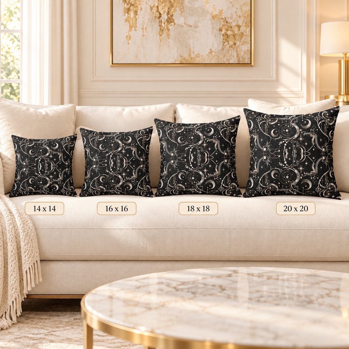 Celestial Art Deco Throw Pillow – Black Moon & Stars Luxury Decorative Accent Pillow