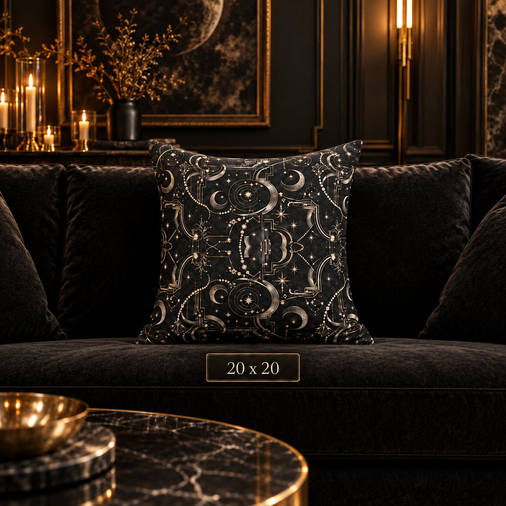 Celestial Art Deco Throw Pillow – Black Moon & Stars Luxury Decorative Accent Pillow