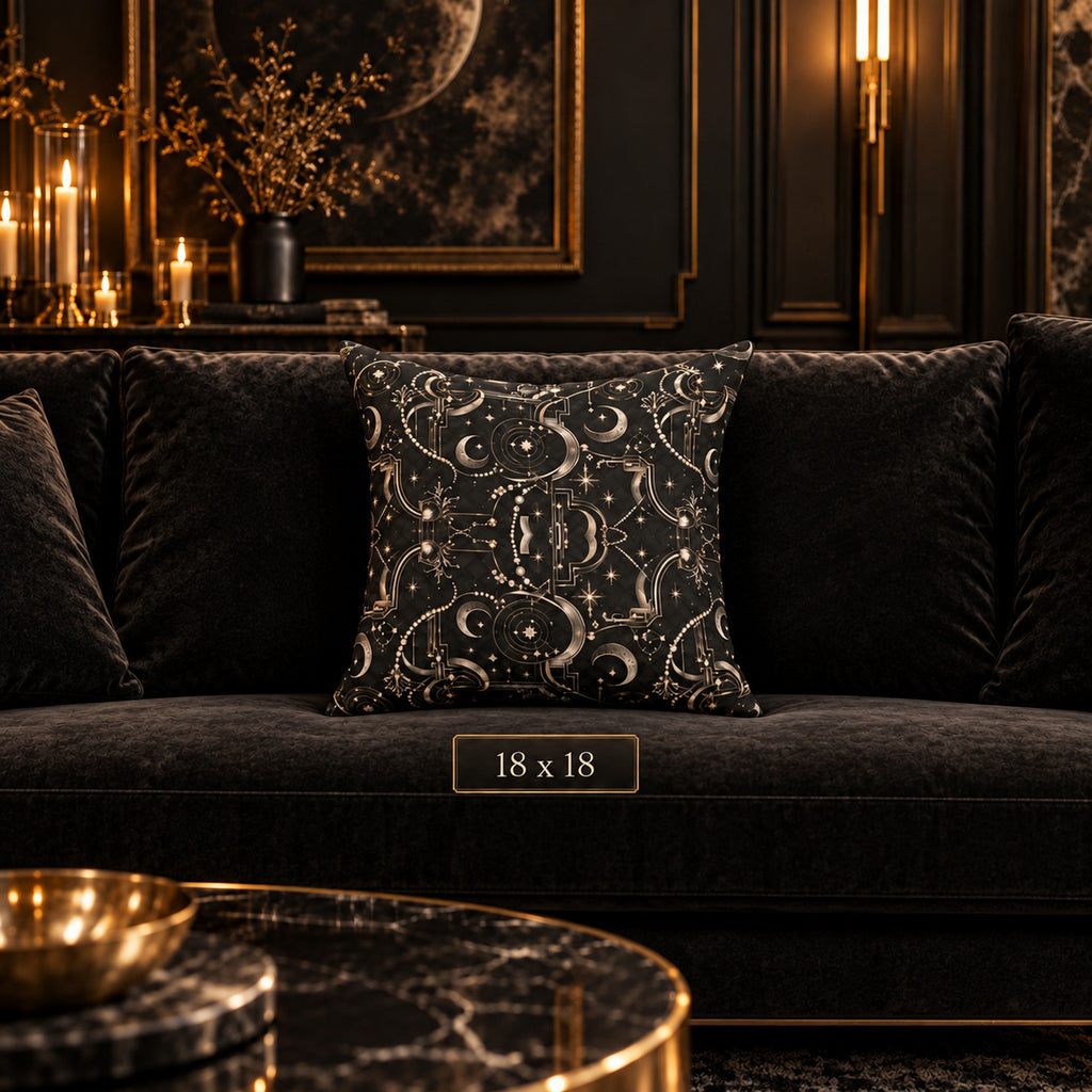 Celestial Art Deco Throw Pillow – Black Moon & Stars Luxury Decorative Accent Pillow