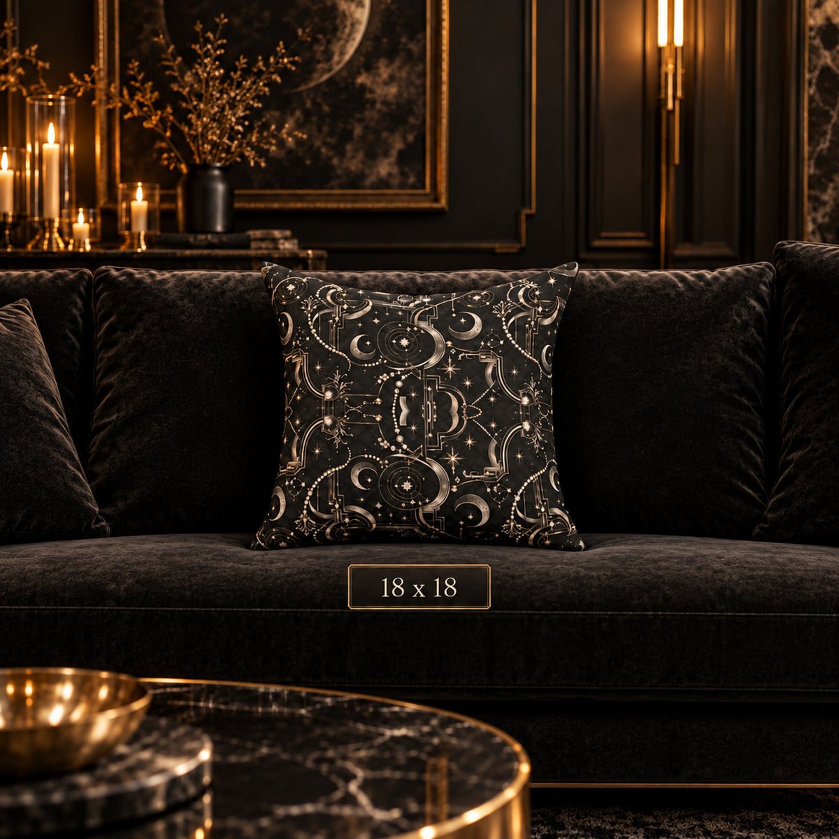 Celestial Art Deco Throw Pillow – Black Moon & Stars Luxury Decorative Accent Pillow