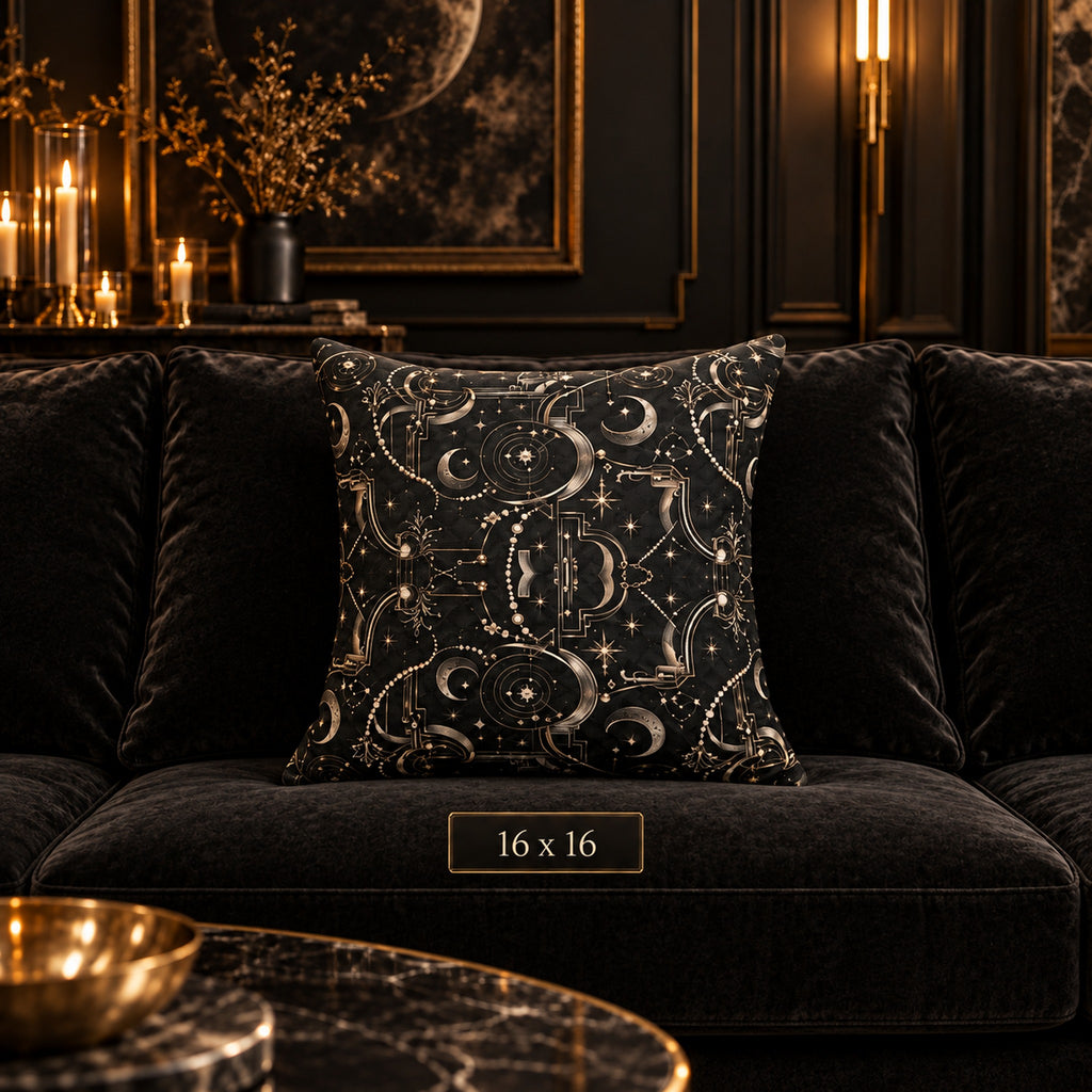 Celestial Art Deco Throw Pillow – Black Moon & Stars Luxury Decorative Accent Pillow
