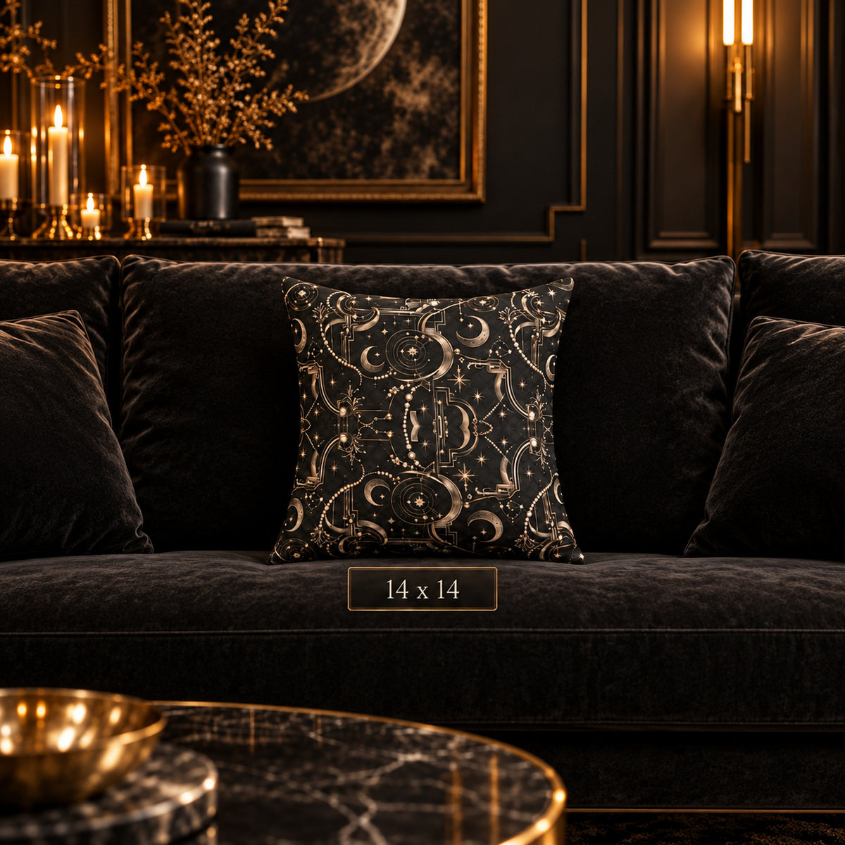 Celestial Art Deco Throw Pillow – Black Moon & Stars Luxury Decorative Accent Pillow