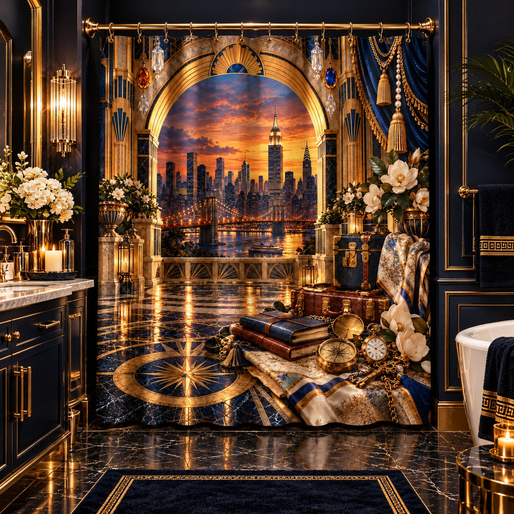 New York City Skyline Luxury Shower Curtain – Golden Manhattan