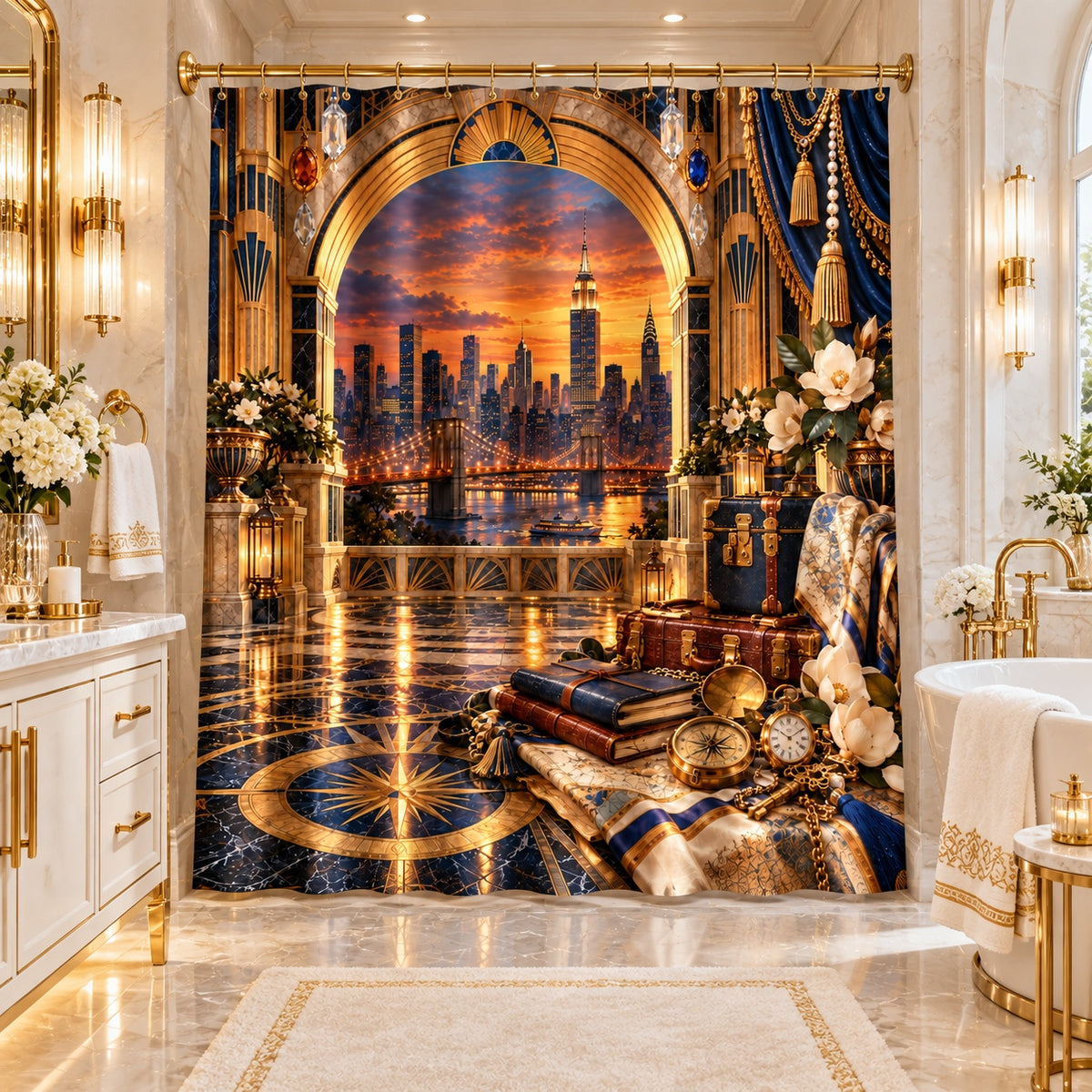New York City Skyline Luxury Shower Curtain – Golden Manhattan