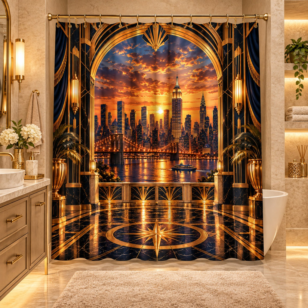 Golden Manhattan Sunset Luxury Shower Curtain | NYC Skyline Art Deco Bathroom Décor