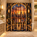 Golden Manhattan Sunset Luxury Shower Curtain | NYC Skyline Art Deco Bathroom Décor