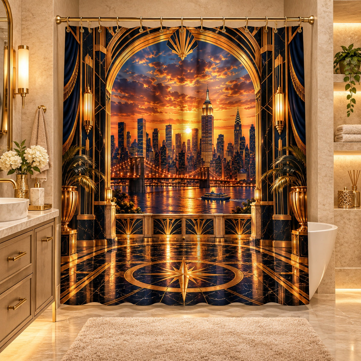 Golden Manhattan Sunset Luxury Shower Curtain | NYC Skyline Art Deco Bathroom Décor