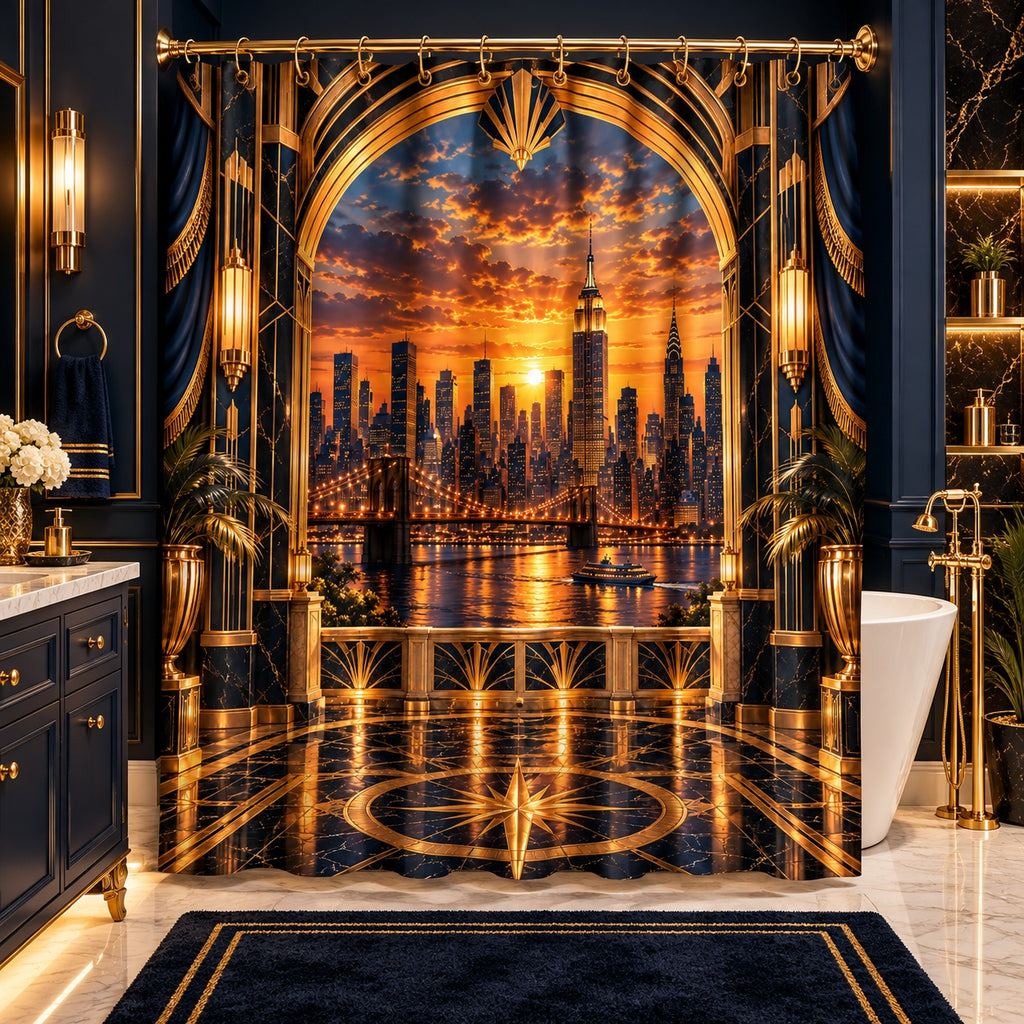 Golden Manhattan Sunset Luxury Shower Curtain | NYC Skyline Art Deco Bathroom Décor