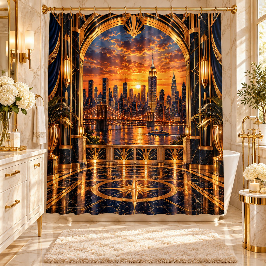 Golden Manhattan Sunset Luxury Shower Curtain | NYC Skyline Art Deco Bathroom Décor
