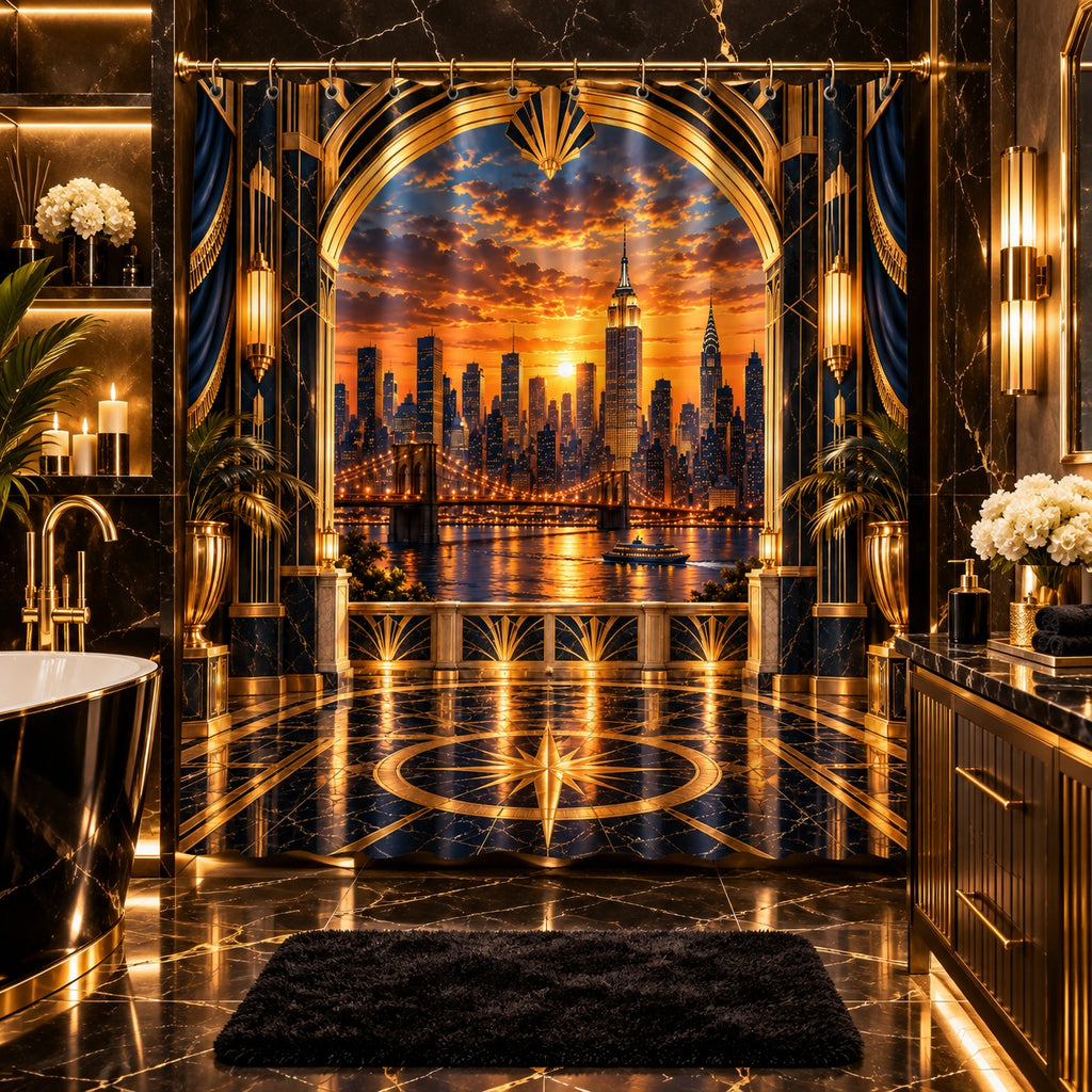 Golden Manhattan Sunset Luxury Shower Curtain | NYC Skyline Art Deco Bathroom Décor