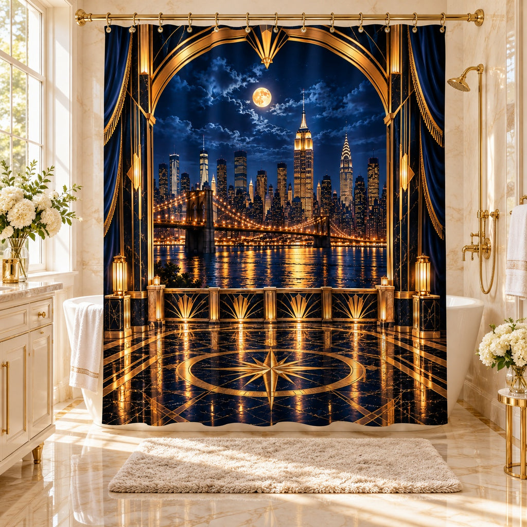 Midnight in Manhattan – Navy Blue & Gold NYC Skyline Shower Curtain | Luxury Art Deco Bathroom Décor