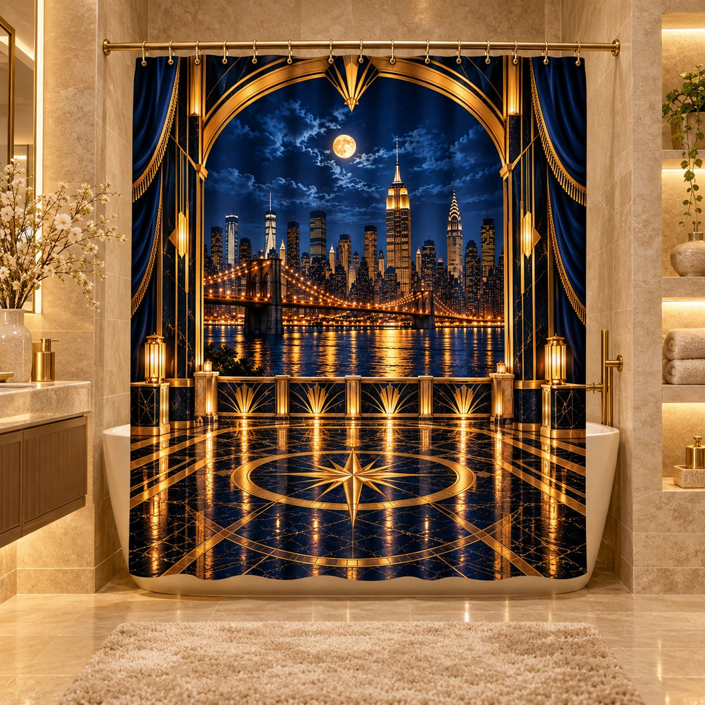 Midnight in Manhattan – Navy Blue & Gold NYC Skyline Shower Curtain | Luxury Art Deco Bathroom Décor
