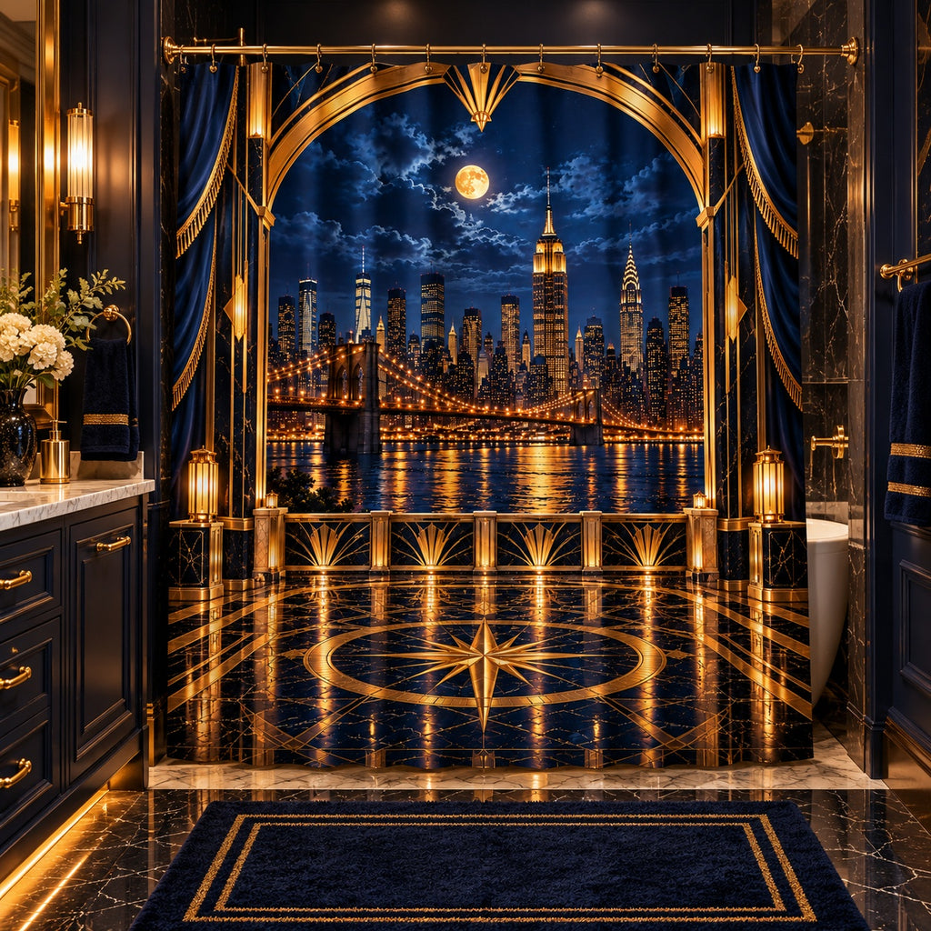Midnight in Manhattan – Navy Blue & Gold NYC Skyline Shower Curtain | Luxury Art Deco Bathroom Décor