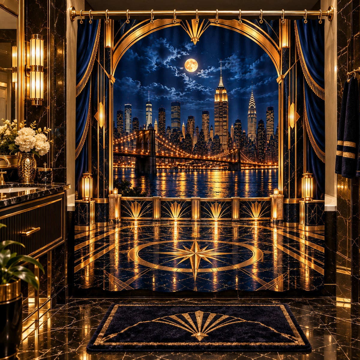 Midnight in Manhattan – Navy Blue & Gold NYC Skyline Shower Curtain | Luxury Art Deco Bathroom Décor