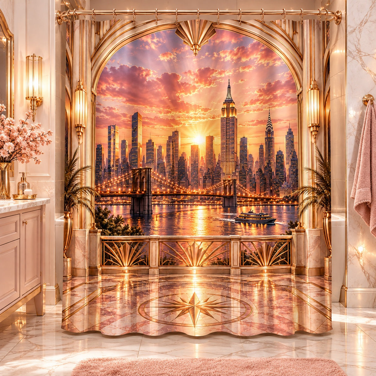Manhattan Rose Gold Sunrise Luxury Shower Curtain | Blush Pink & Champagne Gold NYC Skyline Art Deco Bathroom Décor