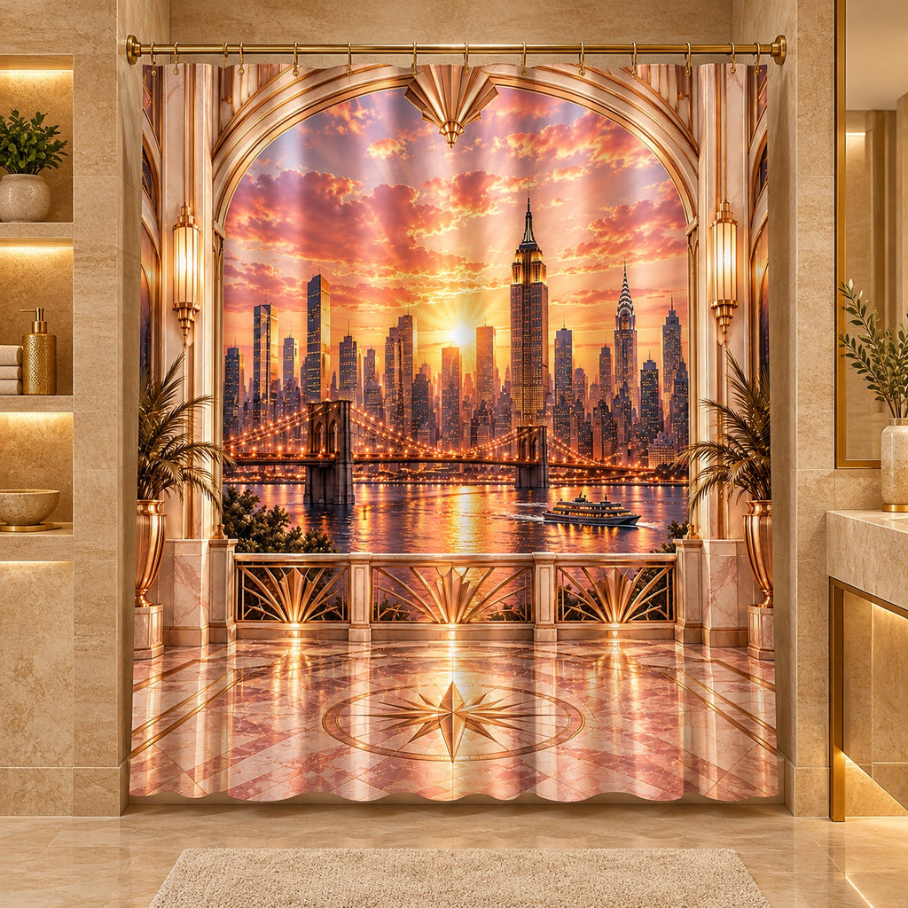 Manhattan Rose Gold Sunrise Luxury Shower Curtain | Blush Pink & Champagne Gold NYC Skyline Art Deco Bathroom Décor