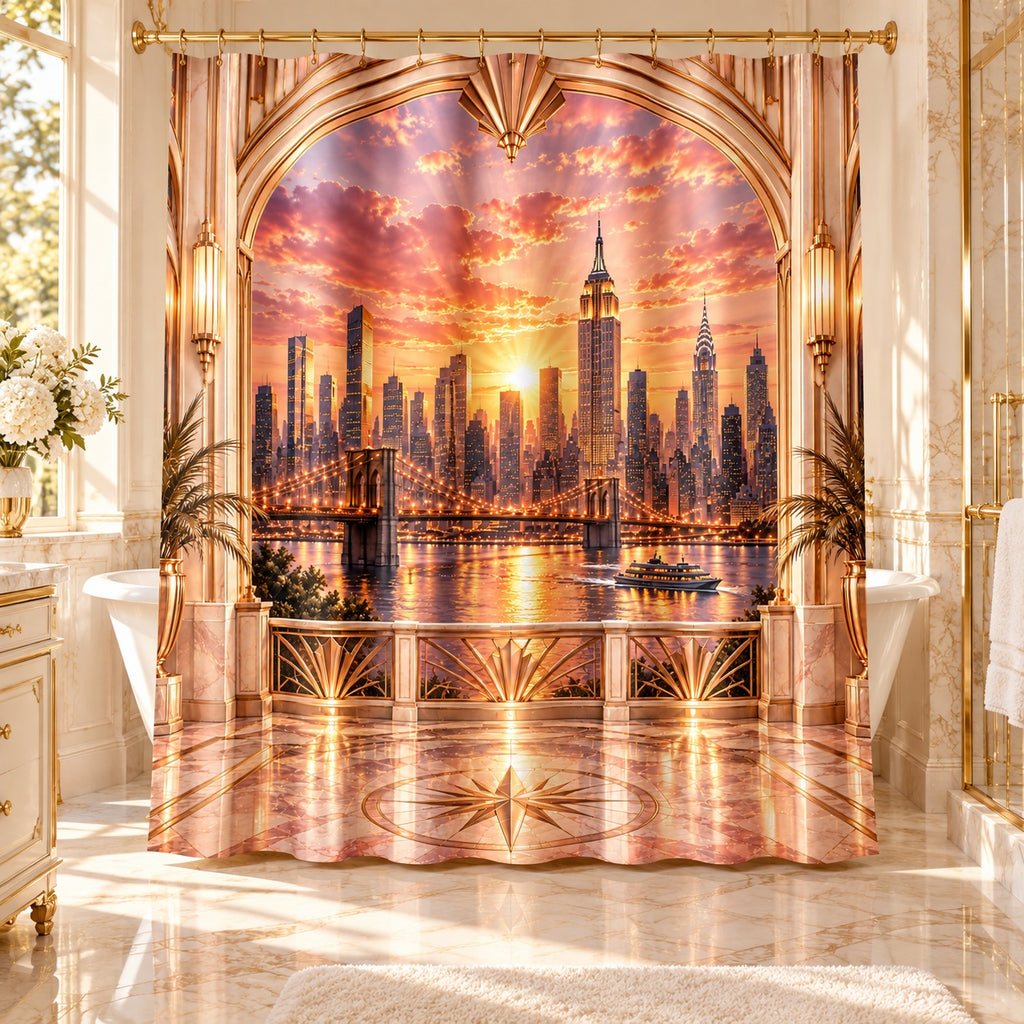 Manhattan Rose Gold Sunrise Luxury Shower Curtain | Blush Pink & Champagne Gold NYC Skyline Art Deco Bathroom Décor