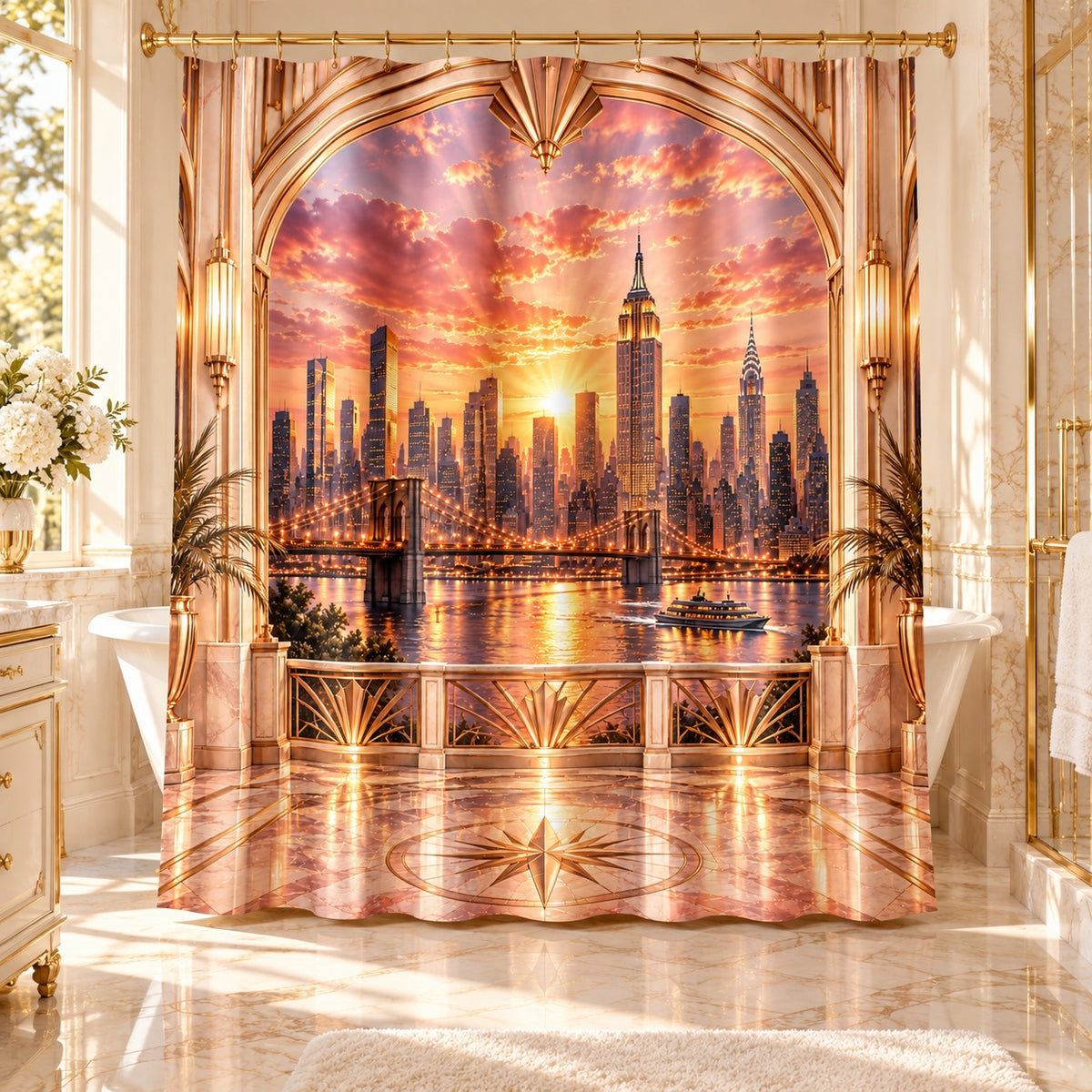 Manhattan Rose Gold Sunrise Luxury Shower Curtain | Blush Pink & Champagne Gold NYC Skyline Art Deco Bathroom Décor
