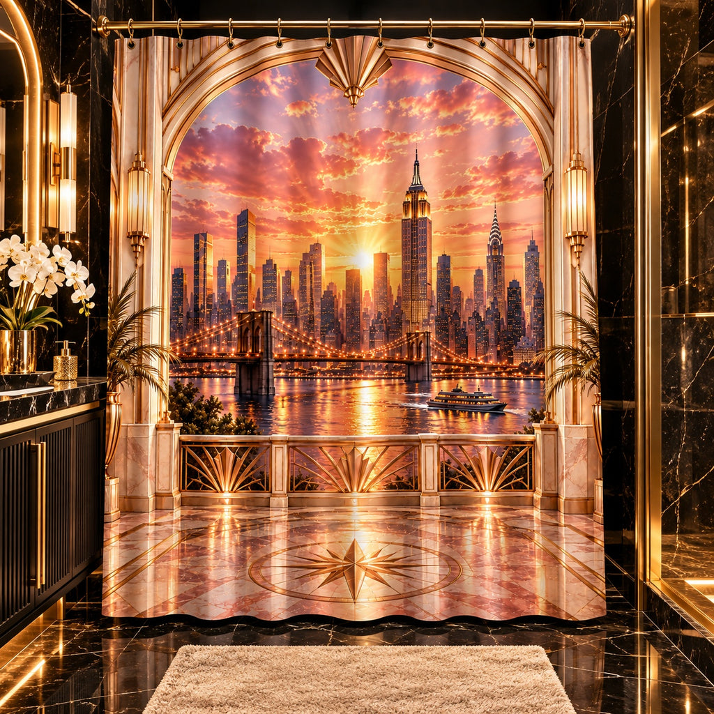 Manhattan Rose Gold Sunrise Luxury Shower Curtain | Blush Pink & Champagne Gold NYC Skyline Art Deco Bathroom Décor