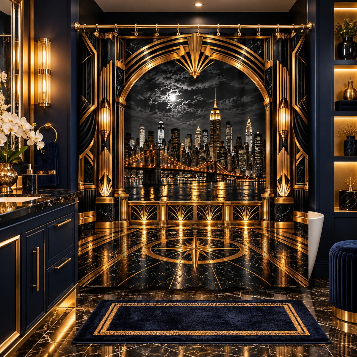 Manhattan Night Skyline Black and Gold  Luxury Art Deco Shower Curtain