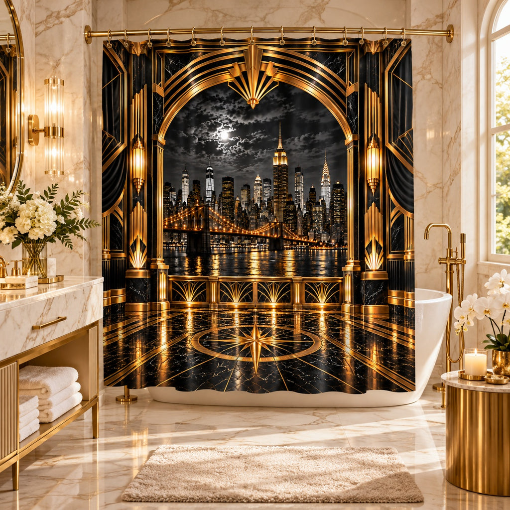 Manhattan Night Skyline Black and Gold  Luxury Art Deco Shower Curtain