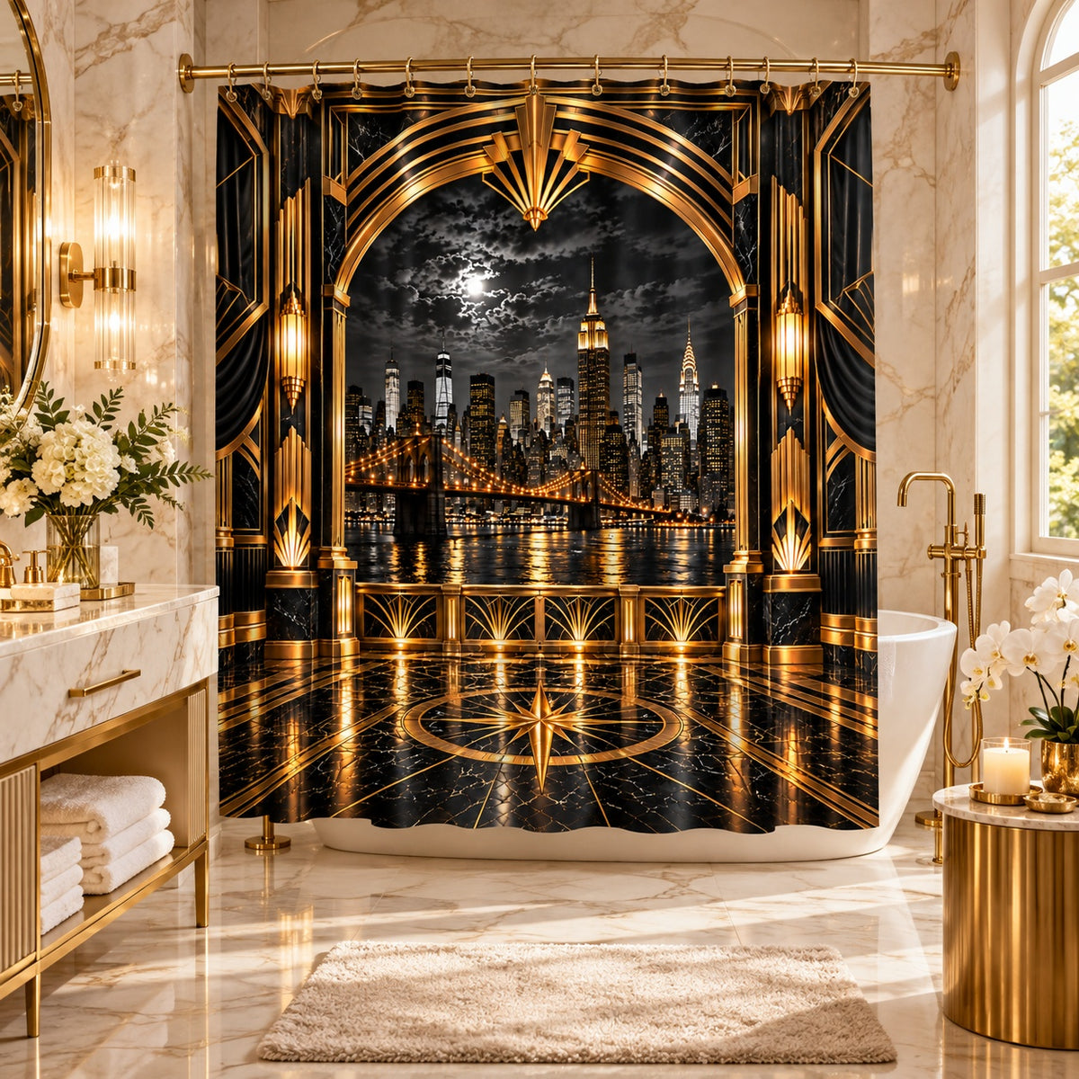 Manhattan Night Skyline Black and Gold  Luxury Art Deco Shower Curtain