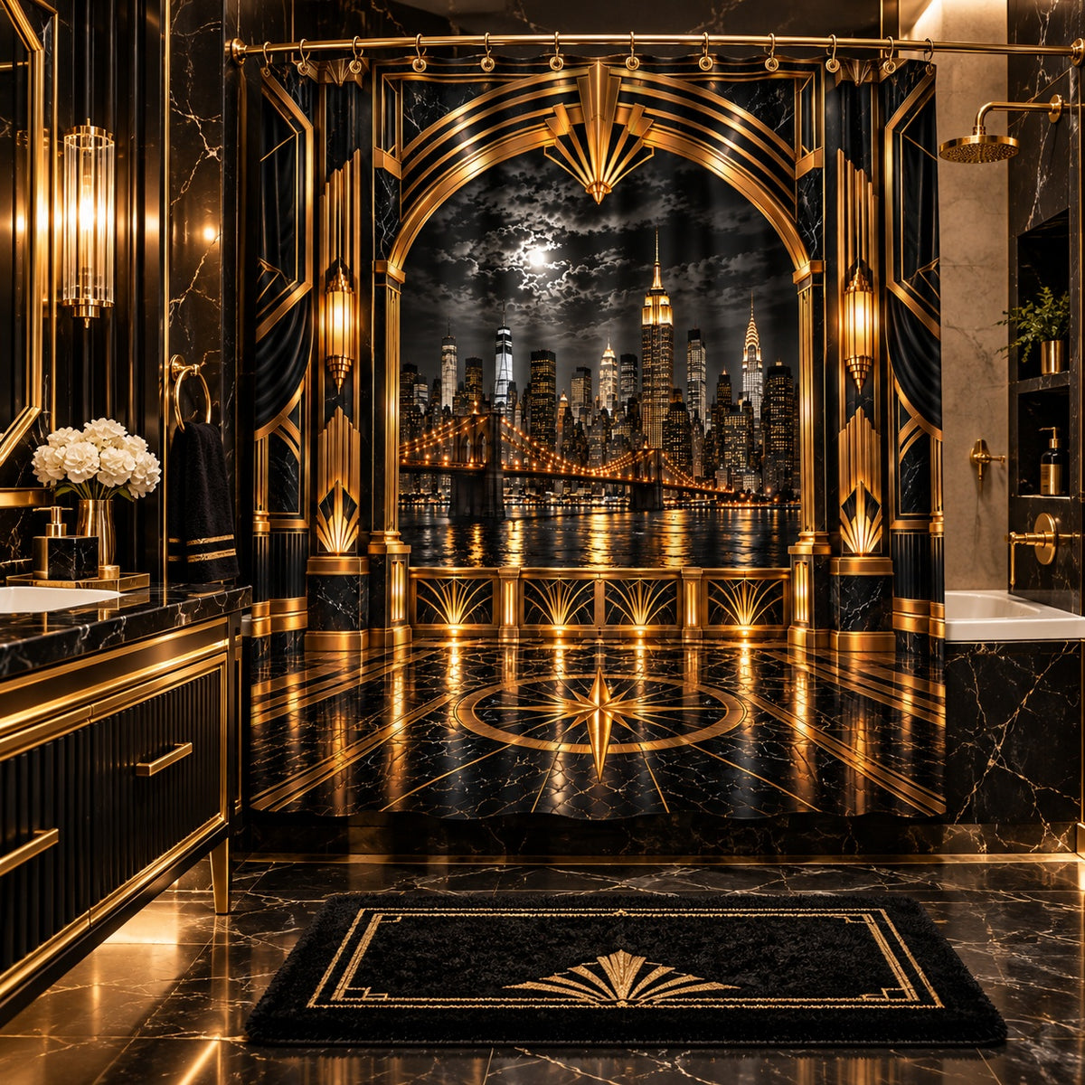 Manhattan Night Skyline Black and Gold  Luxury Art Deco Shower Curtain