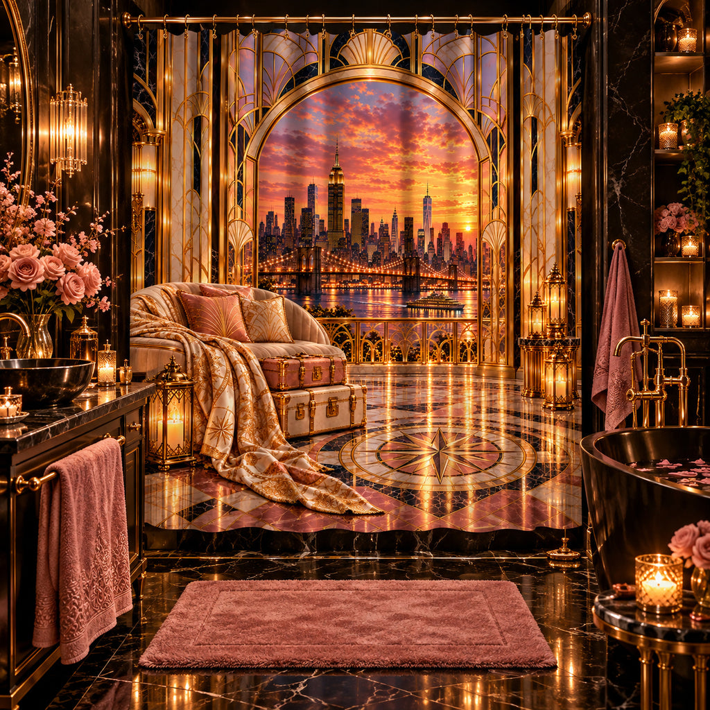 Luxury Pink NYC Sunset Shower Curtain | Art Deco Glam Bathroom Decor
