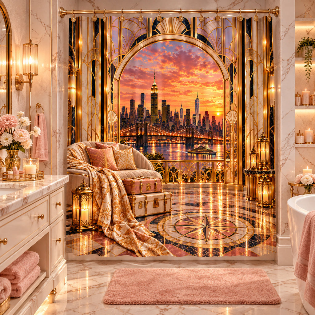 Luxury Pink NYC Sunset Shower Curtain | Art Deco Glam Bathroom Decor