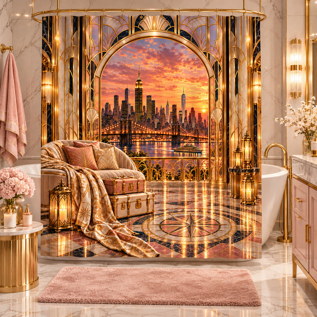 Luxury Pink NYC Sunset Shower Curtain | Art Deco Glam Bathroom Decor