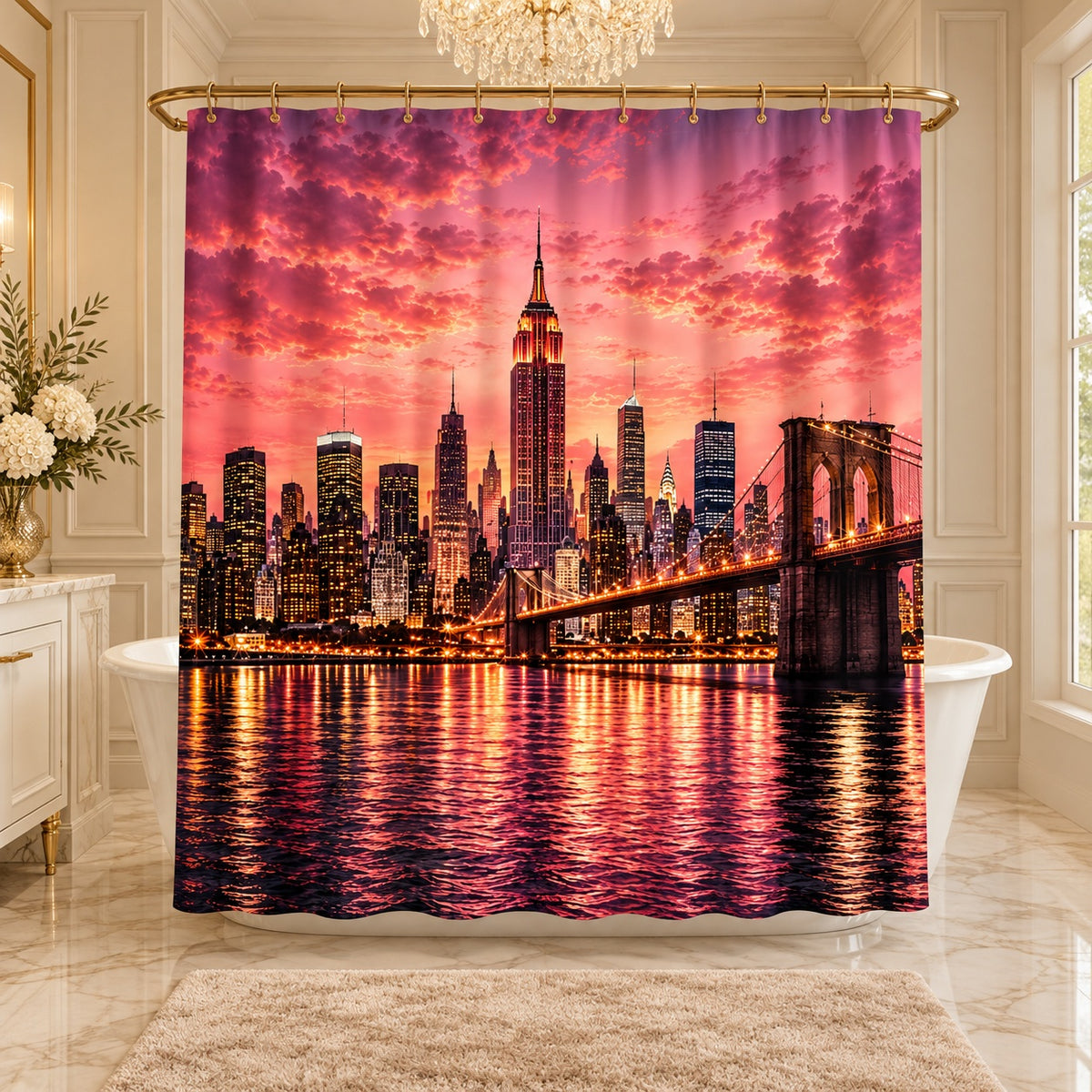 Rose Gold Manhattan Skyline Shower Curtain – Pink NYC Sunset, Brooklyn Bridge & Luxury New York City Bathroom Décor