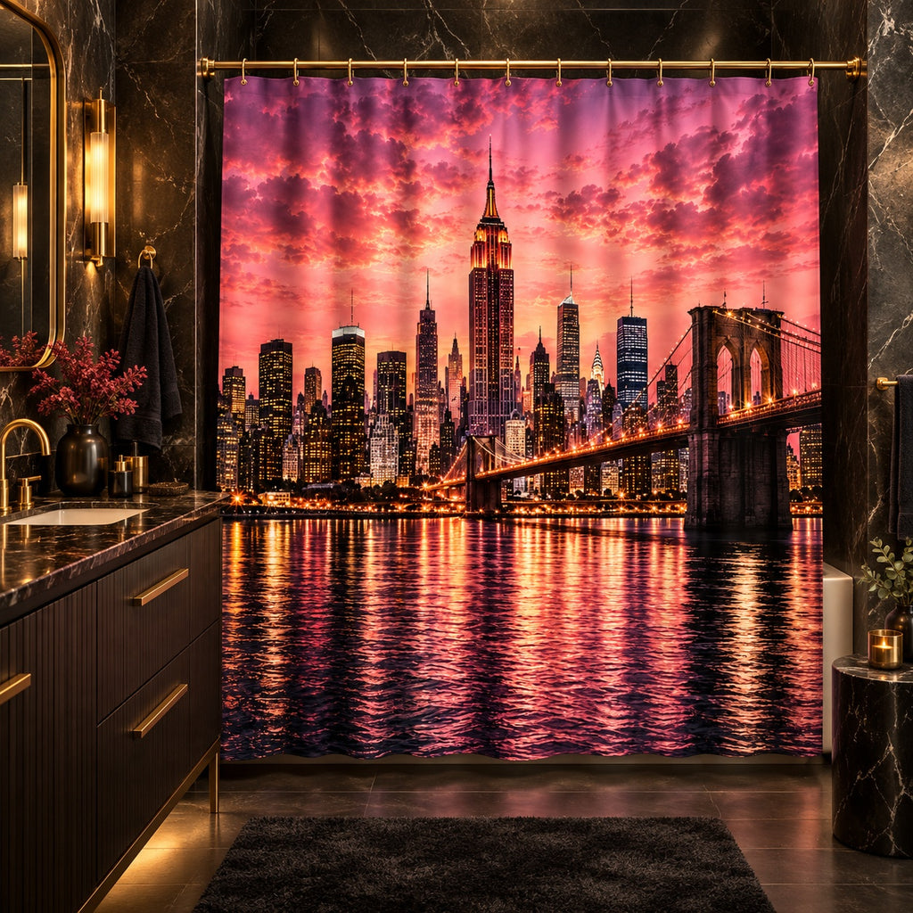 Rose Gold Manhattan Skyline Shower Curtain – Pink NYC Sunset, Brooklyn Bridge & Luxury New York City Bathroom Décor