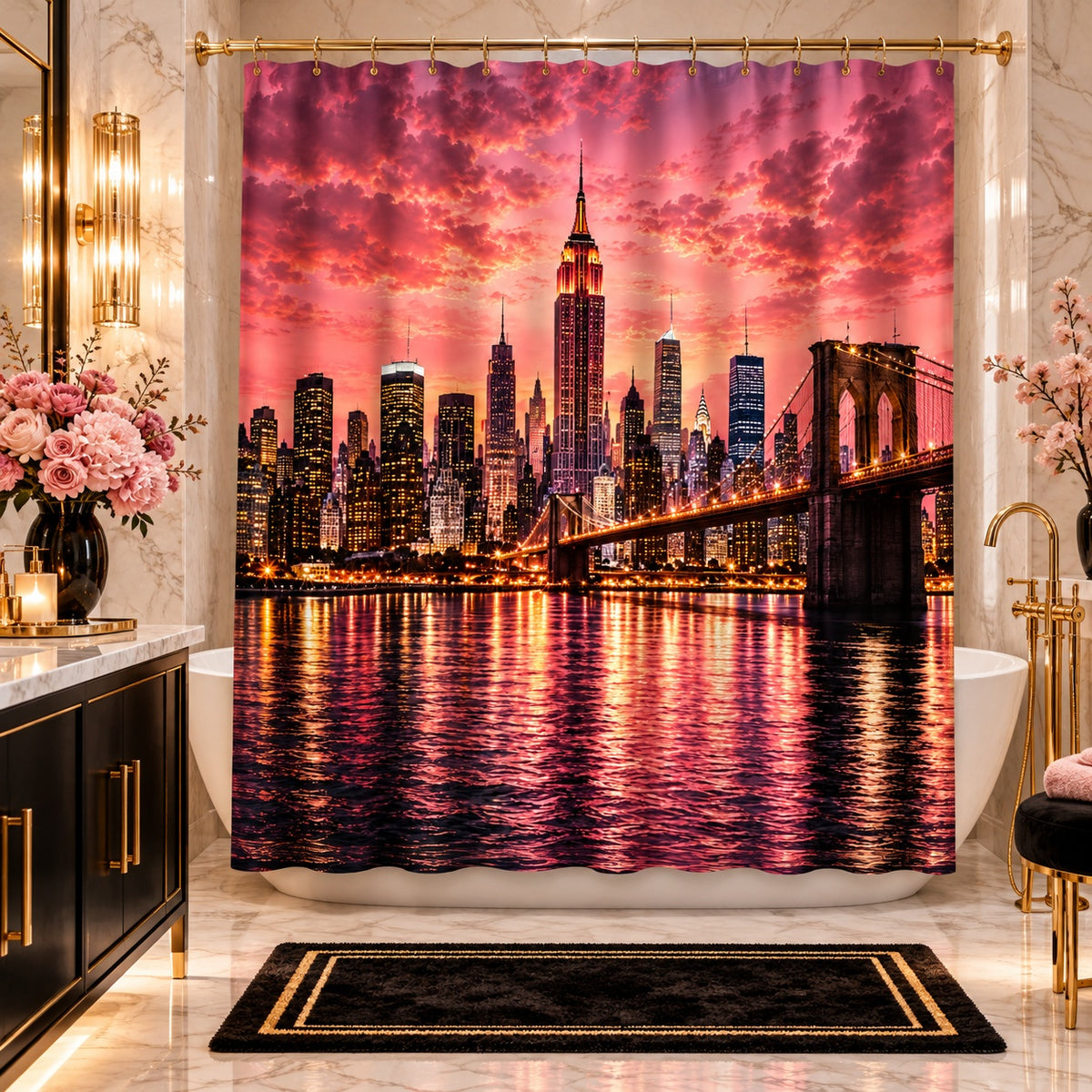 Rose Gold Manhattan Skyline Shower Curtain – Pink NYC Sunset, Brooklyn Bridge & Luxury New York City Bathroom Décor
