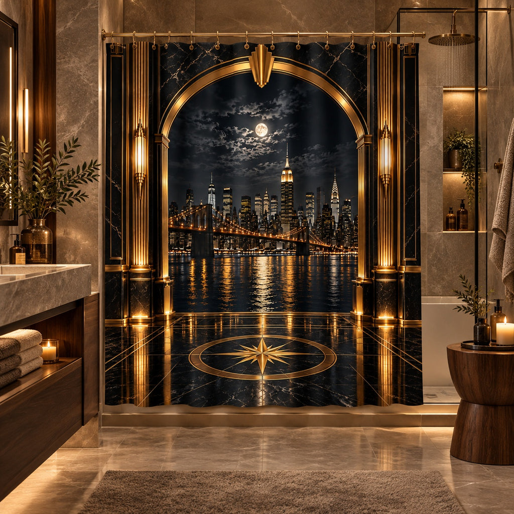 Manhattan Noir Luxe – Black & Gold Art Deco NYC Skyline Shower Curtain | Luxury Masculine Bathroom Décor
