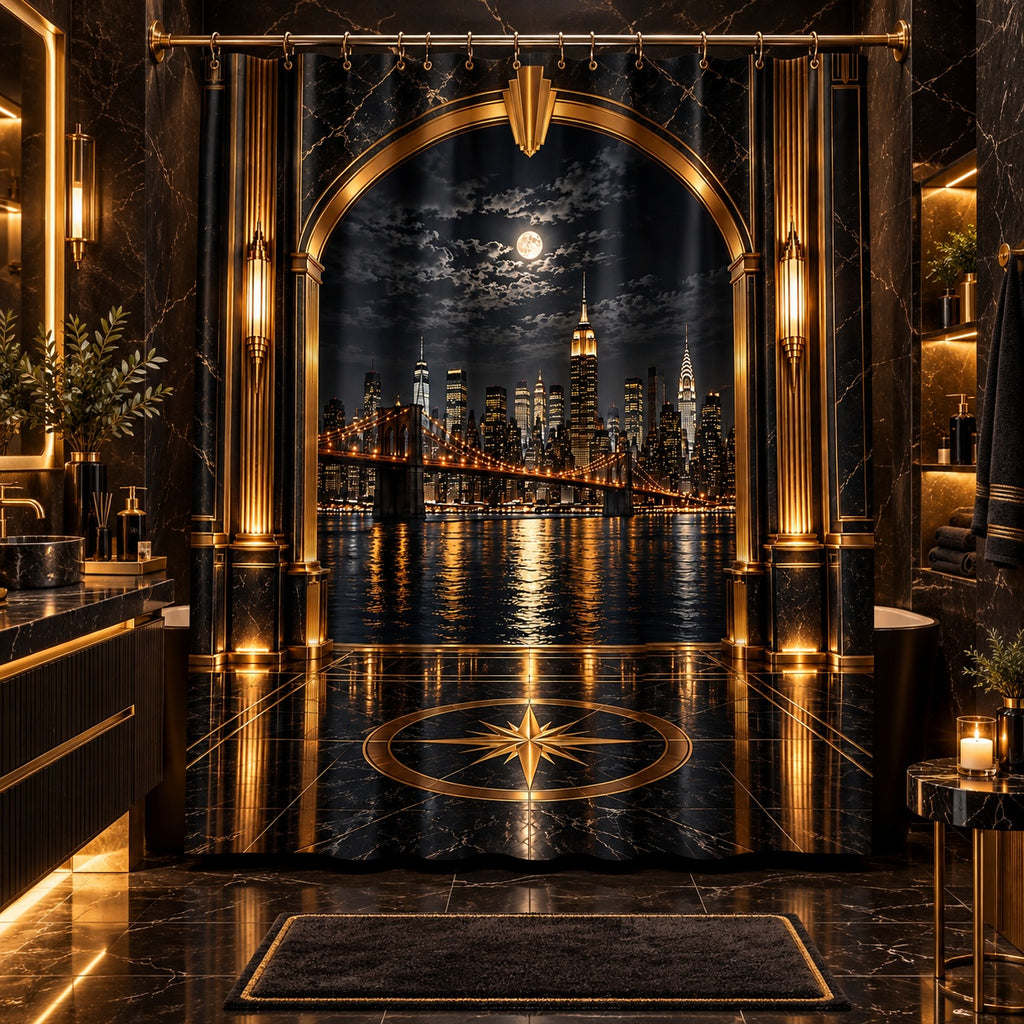 Manhattan Noir Luxe – Black & Gold Art Deco NYC Skyline Shower Curtain | Luxury Masculine Bathroom Décor
