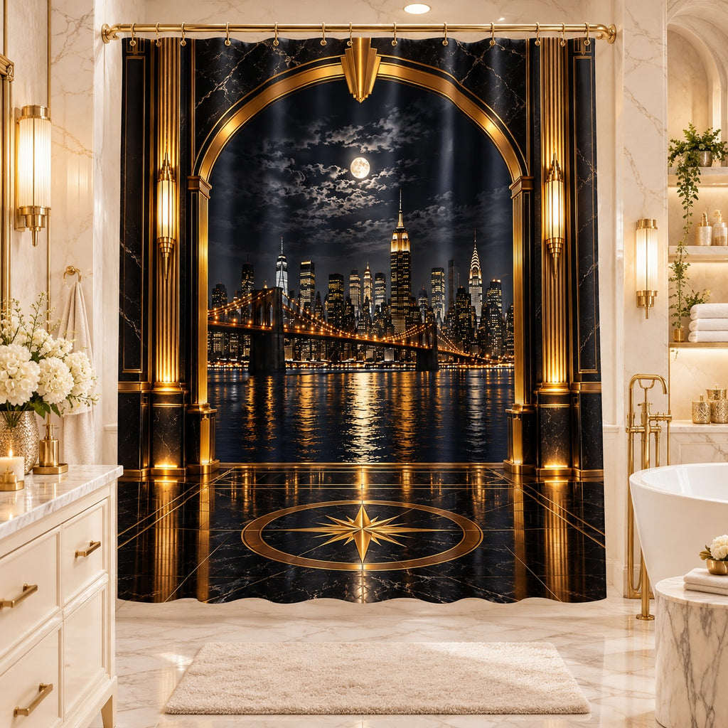 Manhattan Noir Luxe – Black & Gold Art Deco NYC Skyline Shower Curtain | Luxury Masculine Bathroom Décor
