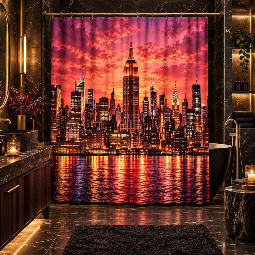 **New York City Skyline at Sunset – Luxury Pink & Gold Manhattan Cityscape Shower Curtain | Empire State Building Urban Glam Bathroom Décor**