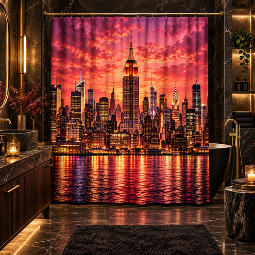 **New York City Skyline at Sunset – Luxury Pink & Gold Manhattan Cityscape Shower Curtain | Empire State Building Urban Glam Bathroom Décor**