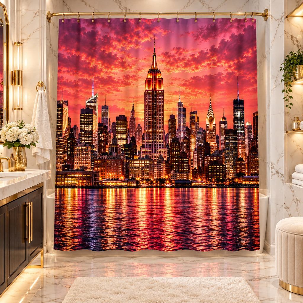 **New York City Skyline at Sunset – Luxury Pink & Gold Manhattan Cityscape Shower Curtain | Empire State Building Urban Glam Bathroom Décor**