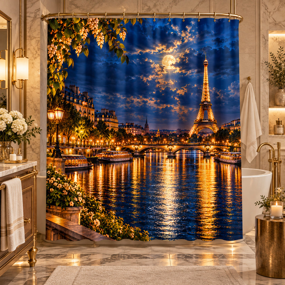 A shower curtain featuring a Paris night scene with the Eiffel Tower, river reflections, and a full moon, shown hanging in a luxurious bathroom setting.